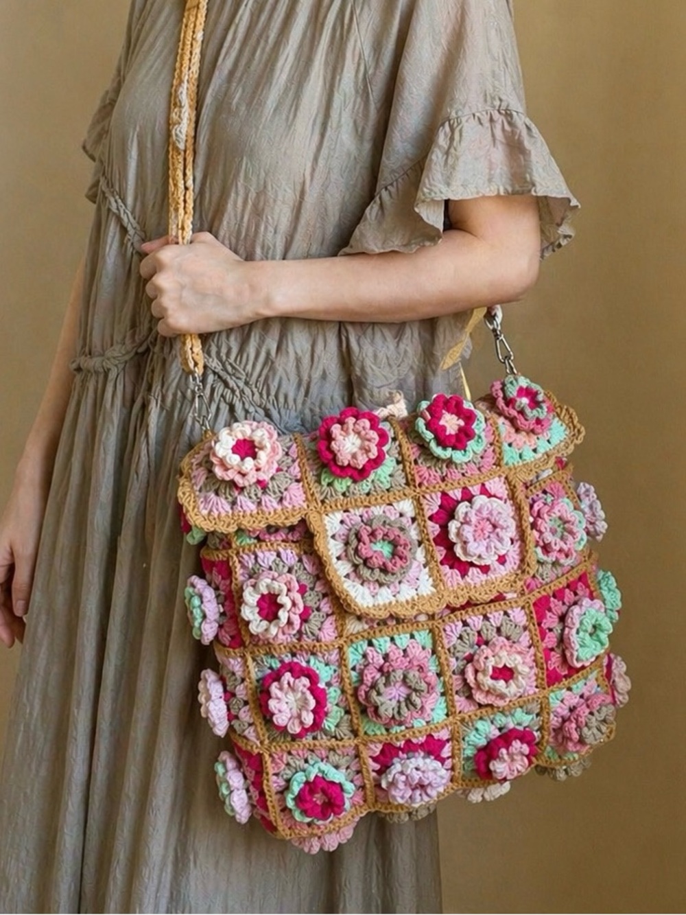 Handmade Crochet Floral Shoulder Bag, Boho Crossbody Bag, Cottage Tote